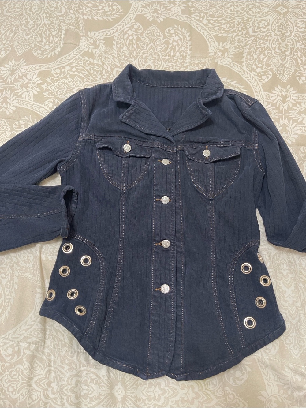 Navy Eyelet-Accent Jean Jacket